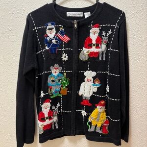 Victoria Jones Woman Black Holiday Embroidered Zip Cardigan